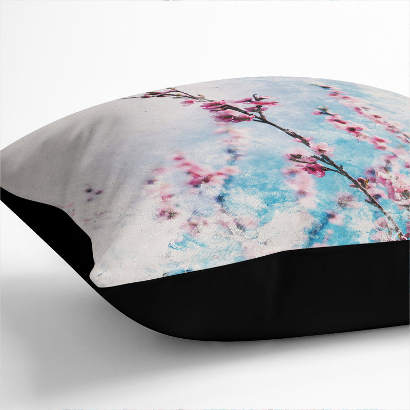 Delicate Cherry Blossom Tree Watercolour Square Throw Cushion, Black, 55cm H x 55cm W x 20cm D