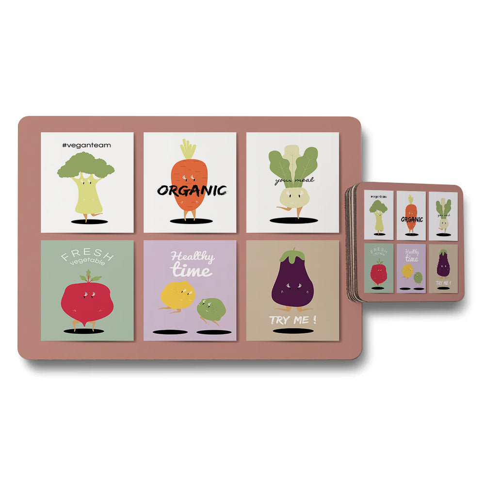 Vegetable And Fruit Placemats And Coasters Set With Artwork