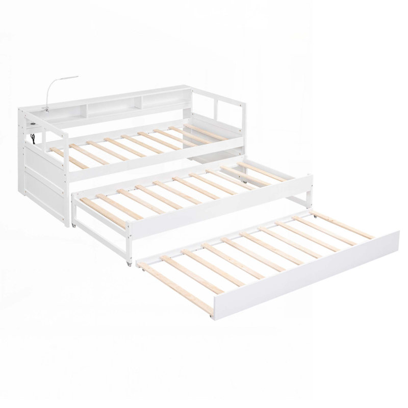 Wood Daybed with 2 Trundles, 3 Storage Cubbies, White