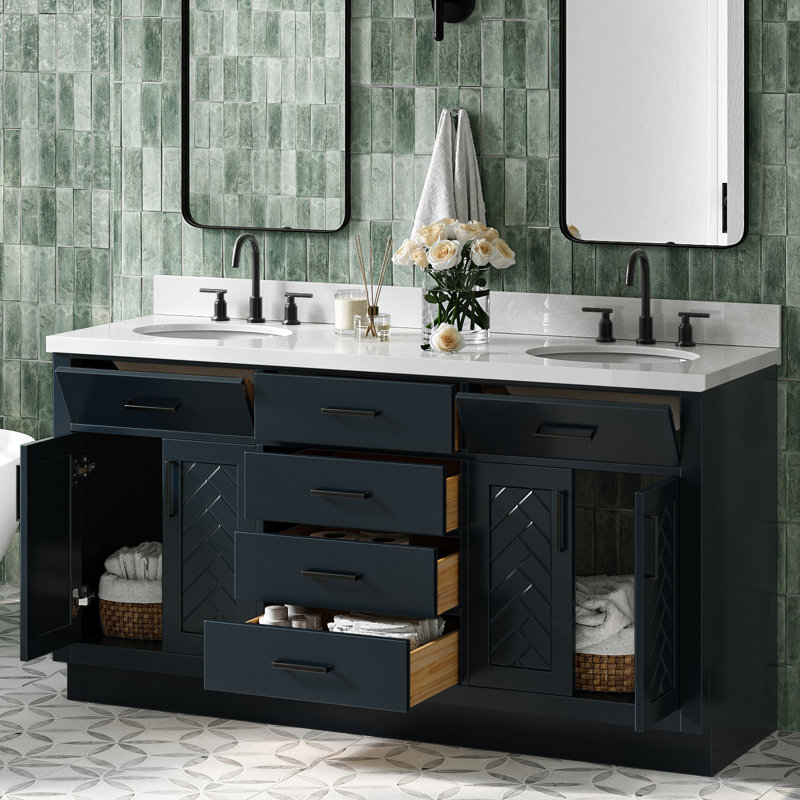 Meuble-lavabo ovale double 67 po avec comptoir en quartz blanc pur Chevron, Ovale, Bleu minuit