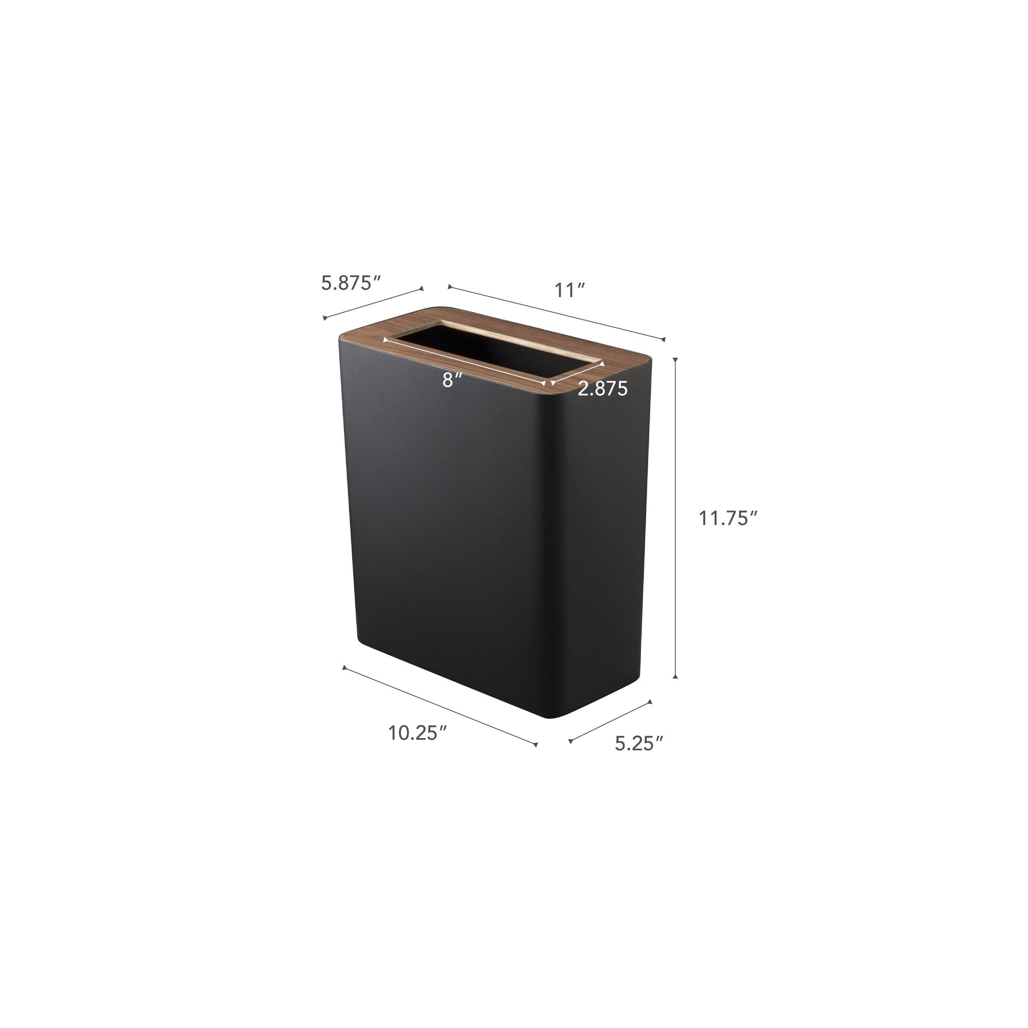 Rin Yamazaki Home Slim Rectangular Trash Can For Kitchen Bathroom Bedroom, Steel + Wood, 2.5 gallons, Black