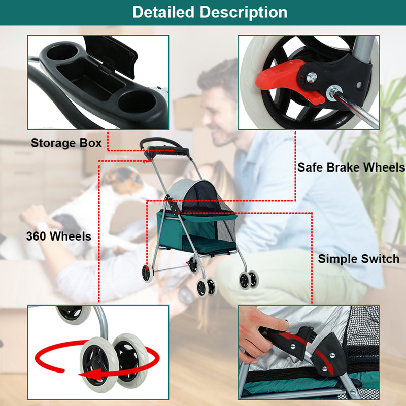 Teal Foldable Pet Stroller with Mesh Windows and Cup Holder