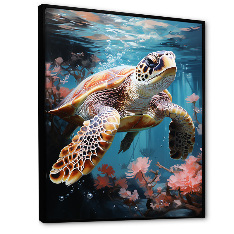 Tortue de mer ludique - Tortue, art mural, salon, Cadre flottant noir, H 32 po x l 16 po