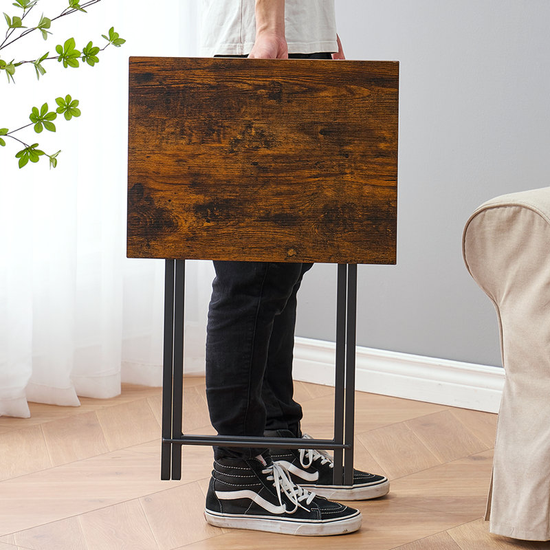 Folding Side Table with Cup Holder, Industrial Side Table for Living Room, Bedroom, Brown/Black