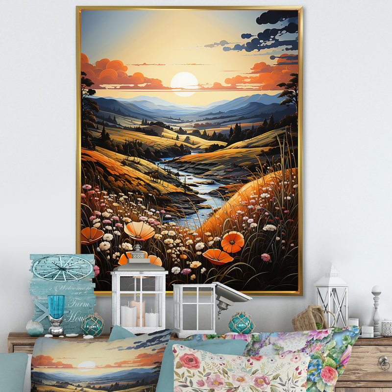 «Meadow Stream At Sunrise I», reproduction sur toile, Cadre flottant doré, H 20 po x l 12 po x P 1 po