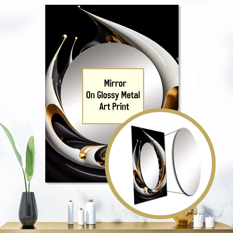 Treyvion Gold Black And White Stained Glass II - Abstract Spirals Mirror, Gold Decorative Wall Mirror, Printed Metal Art