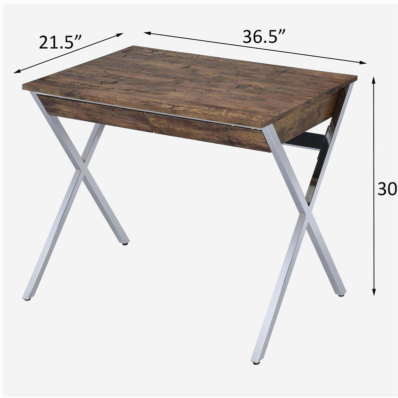 Bureau d'écriture à 2 tiroirs en chêne patiné et chrome