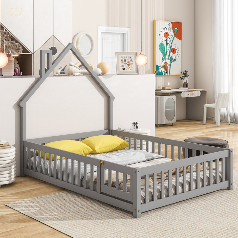 Lit en bois avec tête de lit en bois et clôture, gris, Gris, Full