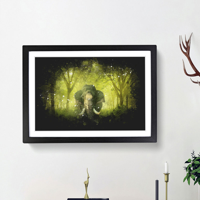 Marvellous Elephant in a Green Forest - Framed Print, 45cm H x 63cm W x 2cm D, Black Framed