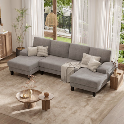 110" U-Shape Sectional Sofa With Armrests, Wood-Seat, Metal Frame & Upholstery, Modern Comfy Design For Living Room Or Family Lounge