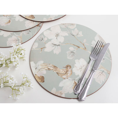 Duck Egg Floral Lacquered With Cork Backing Floral Round Placemat