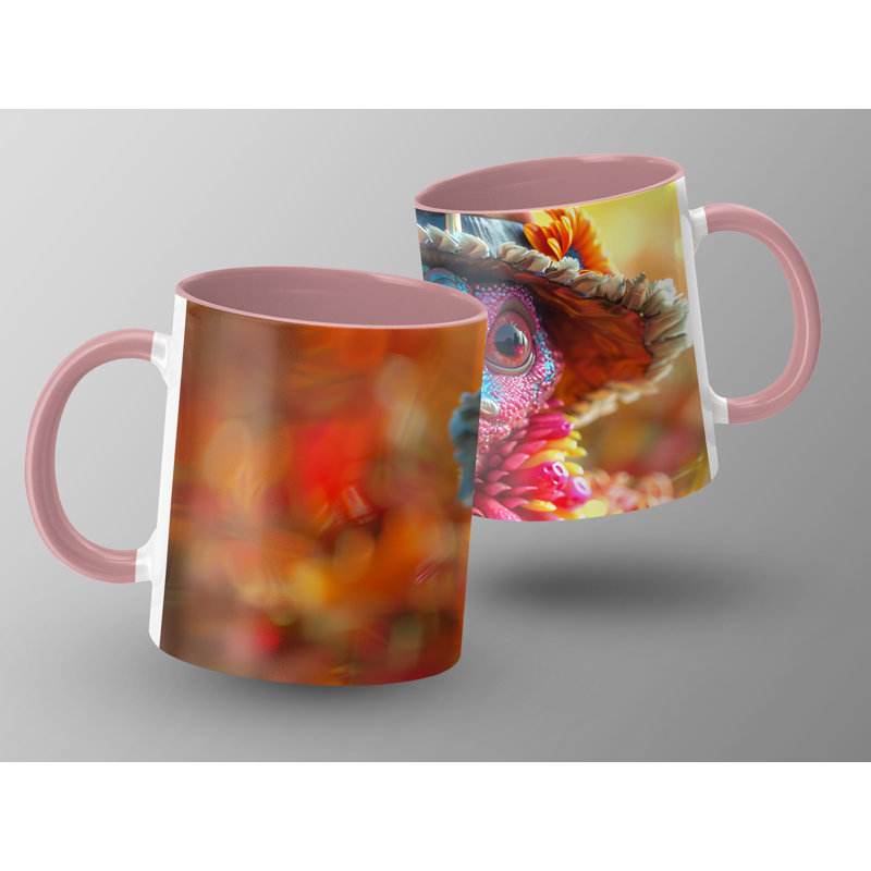 Set of 2 3D Design 11oz Accent Mugs – Ceramic Coffee Cups with a Pink Handle and Interior