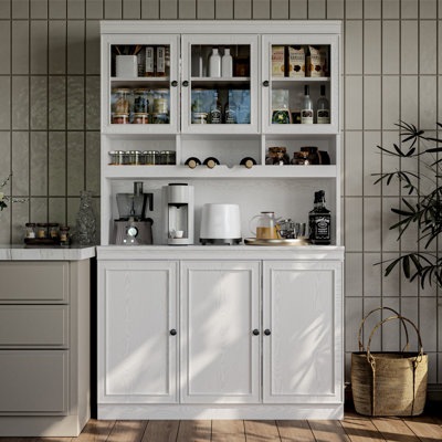 Berno 74.8" Kitchen Pantry Storage Hutch With Glass Doors, 4 Adjustable Shelves, Wine Rack & Microwave Stand