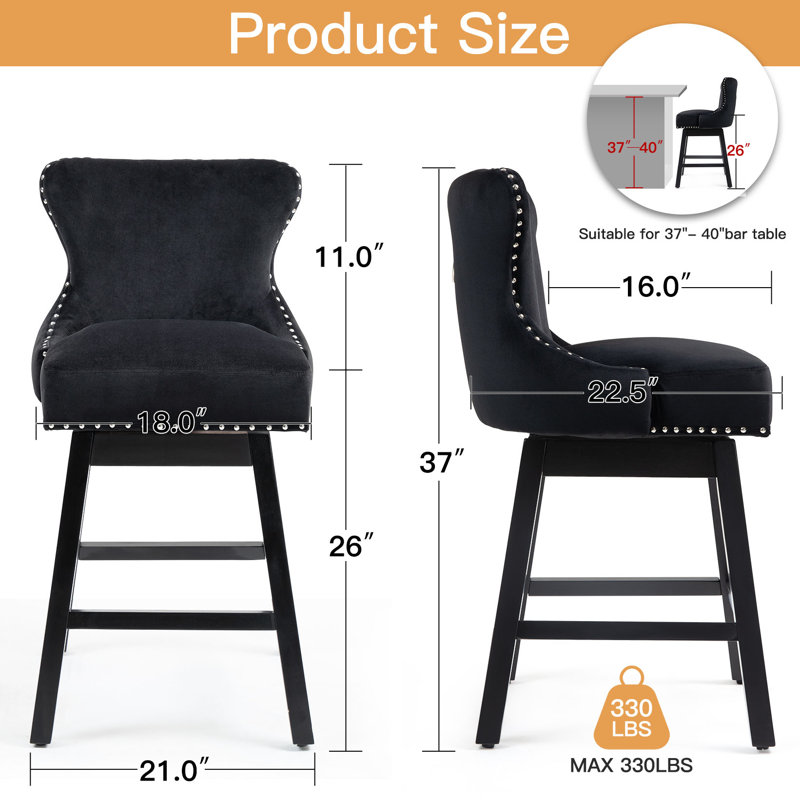 Upholstered 26" Swivel Counter Stools With Solid Wood Legs, Black, 4