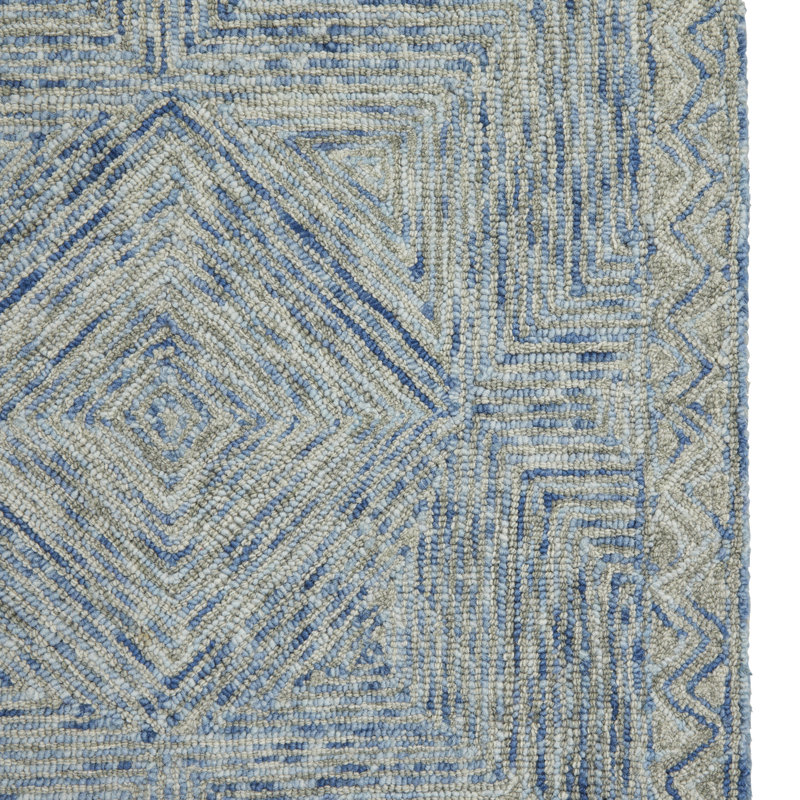 Tapis bleu géométrique en laine crocheté à la main, Rectangle 5 pi x 8 pi