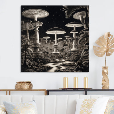 Champignons magiques énigmatiques en noir et blanc - imprimé