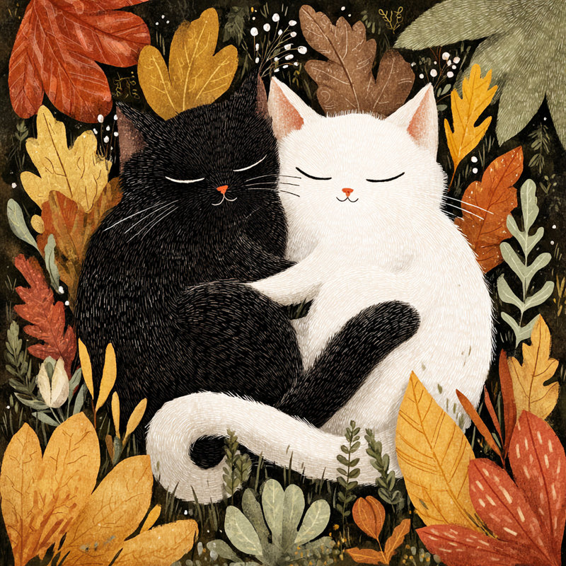 «Cuddling Cats in Autumn Garden», art mural sur toile tendue, 1, H 20 po x l 20 po