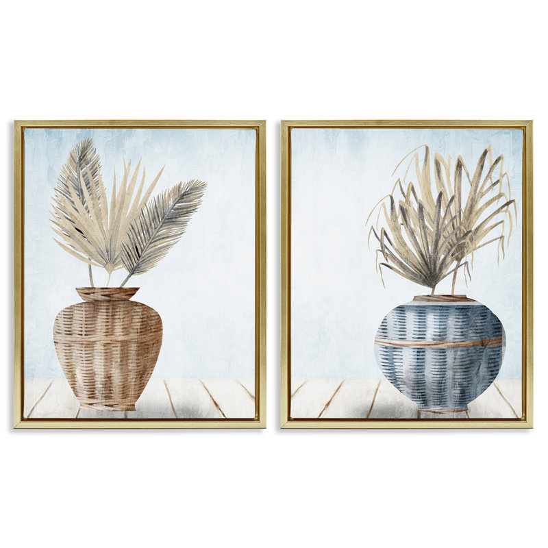 «Palms in Rattan Planters», ensemble de 2 toiles flottantes encadrées par Kim Allen, H 31 po x l 25 po