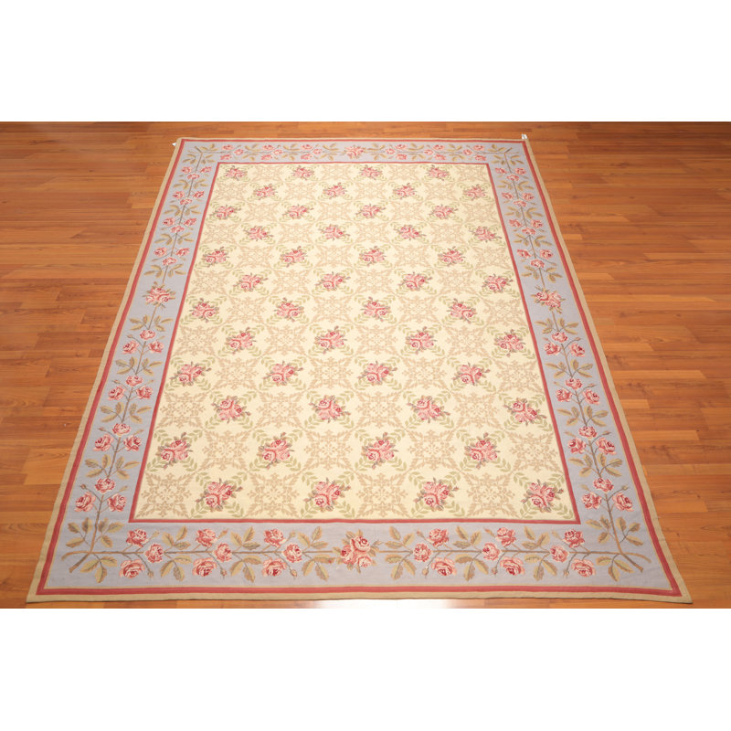 Handmade Aubusson Floral Trellis Wool Rug 9' x 12' in Blue