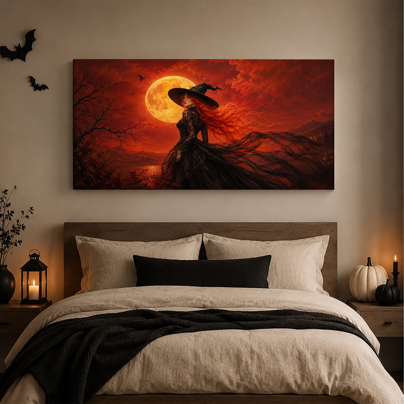 Sorcière aux longs cheveux roux ondulés sous une immense toile d'Halloween, L 40 po x H 20 po