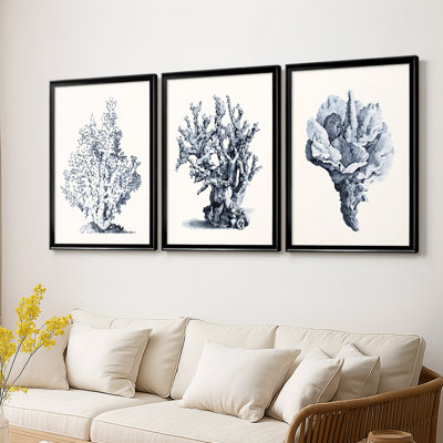 Blue Antique Coral I  -Custom Framed  Wrapped Gallery Canvas - 3 Pieces