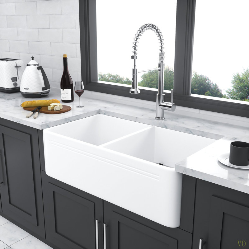 Farmhouse Sink - 33 Inch Kitchen Sink Apron Front Double Bowl 50/50  Ceramic Kitchen Farm Sink