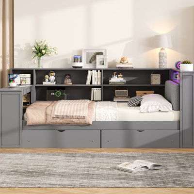 Wood Full Size Bed With Multiple Storage Shelves, 2 Drawers, Charging Station, Led And A Refined - Look Upholstered Grey Headboard Platform Bed, Wood, Grey, Storage, Charging, Futuristic Desk