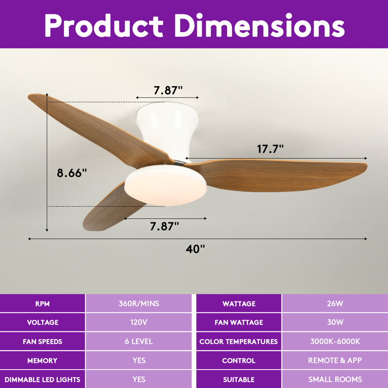 Karlena Ceiling Fan with LED Lights and Remote Control, 40", White with Brown Blades