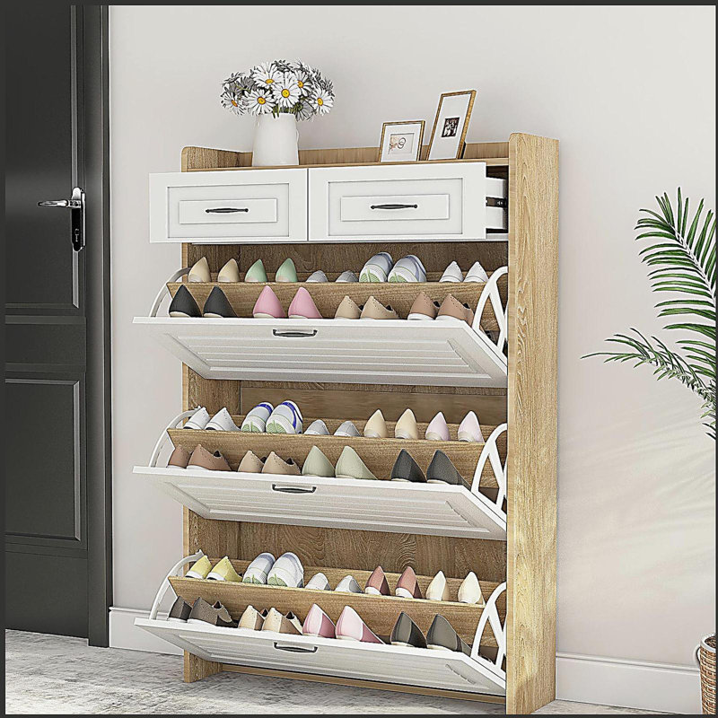 Armoire à chaussures avec 3 portes et 2 tiroirs, grand espace de rangement, Blanc / Chêne