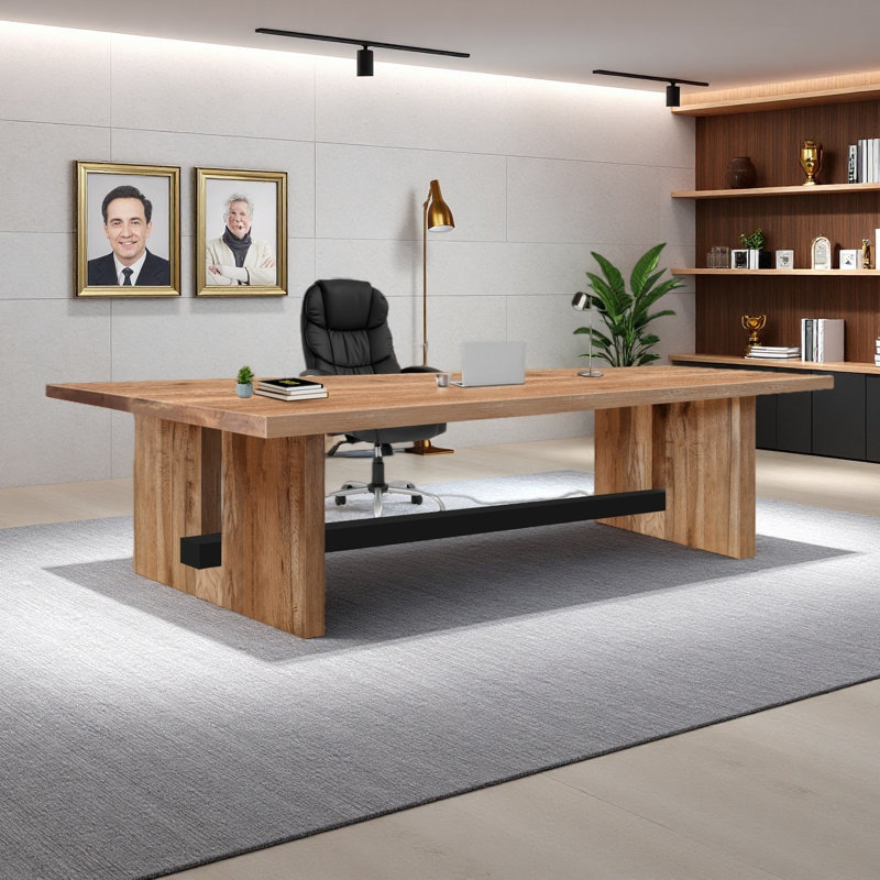 Natural Wood Solid Wood Executive Desk + Ergonomic Black Pu Leather Chair Set, Rectangular Computer Desk