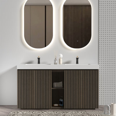 Meuble-lavabo autoportant 60 po en chêne fumé avec lavabo, grand meuble-lavabo de rangement autoportant pour salle de bain moderne, lavabo une pièce blanc sans drain ni robinet, KD