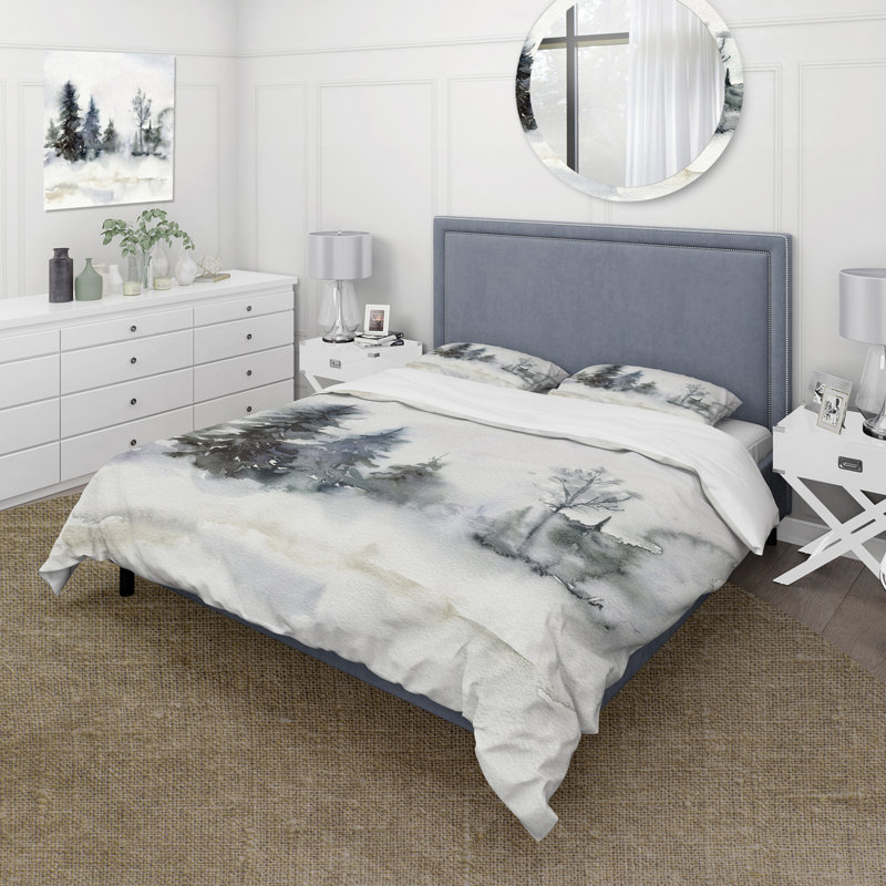 Ensemble de housse de couette Christmas Micrimalistic Forest Landscape and Snow - Lake House - Microfibre polyester