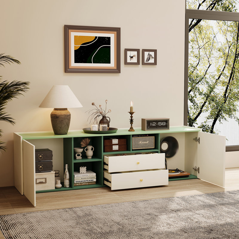 Ensemble de meuble télé et table basse 2 pièces, console média blanche et verte avec rangement