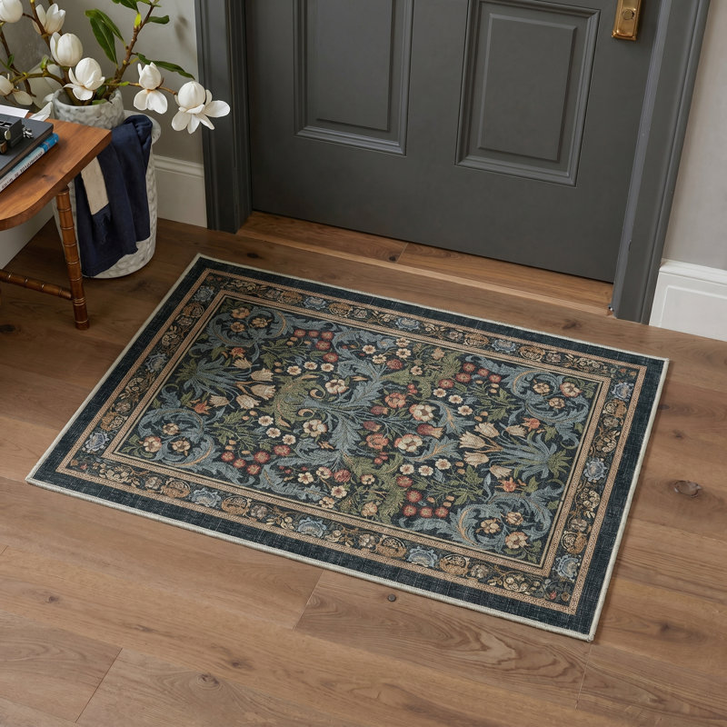 Aubepine Machine Washable Non-Slip William Morris Style Blue / Green Indoor Botanical Floral Area Rug, Rectangle 5' x 7'