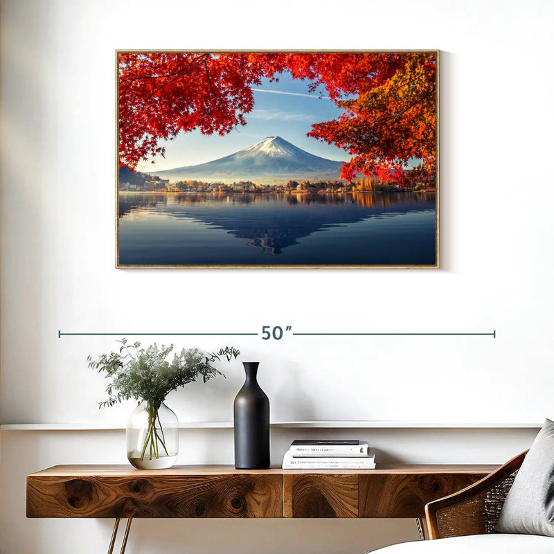 Mont Fuji - automne, Cadre flottant en bois naturel, 37 po x 25 po