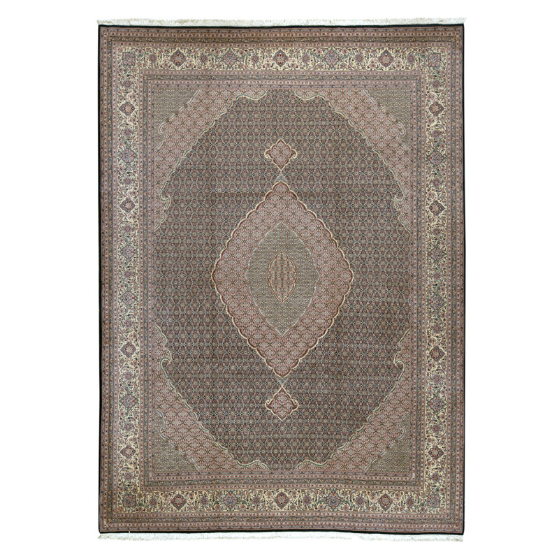 Tapis vert et beige noué à la main de haute qualité