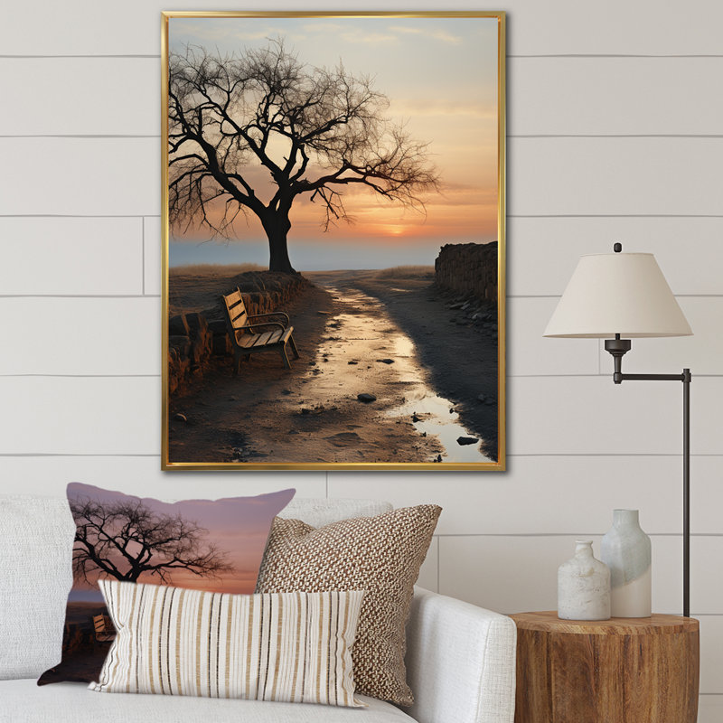 Coucher de soleil coucher de soleil arbre imitation paysage - décor mural coucher de soleil, Cadre flottant doré