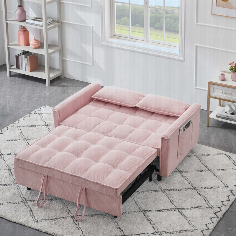 Modern 55" 3-in-1 couch folding sofa bed with two lumbar pillows for living room and office, Pink Corduroy