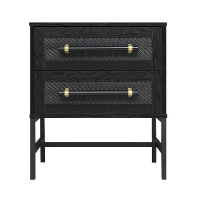 Hopper Studio Sophia 2-Drawer Nightstand in Matte Black with Textured Front, Oversized Pulls, and Sleek Black Metal Base