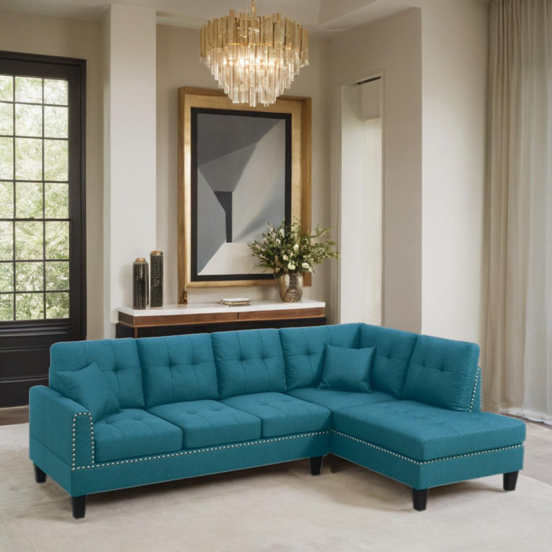 2 Piece Sectional Sofa Set With 2 Accent Pillow, Blue Velvet