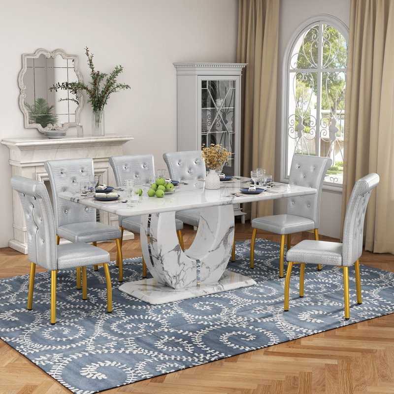 Modern 63" Faux Marble Dining Table Set with Spring-Supported PU Leather Chairs, Gray/Gold, White, 7 Pieces: Table, 6 Chairs