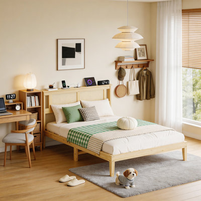 Boho Platform Bed Frame With Rattan Headboard With Charging Station And Underbed Storage Full Size