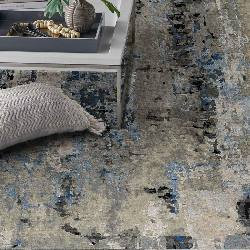 Dakston Hand-Knotted Wool Cerulean Blue Area Rug, Rectangle 5' x 8'