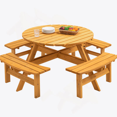 8 Person Wooden Picnic Table, Outdoor Camping Dining Table With Seat, Garden, DIY W/ 4 Built-In Benches, 2220Lb Capacity - Natural