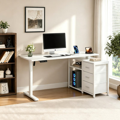  47.2" Height Adjustable L-Shaped Desk With Power Outlets & 3 Drawers, Standing Desk For Home Office