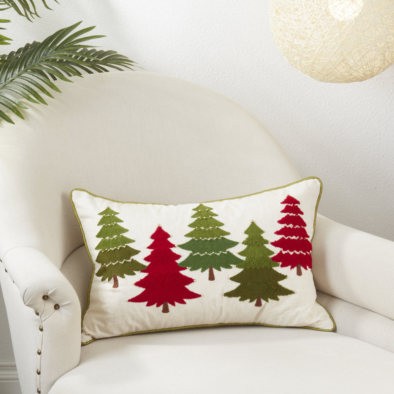 Multicolor Embroidered Christmas Trees Cotton Lumbar Pillow Cover