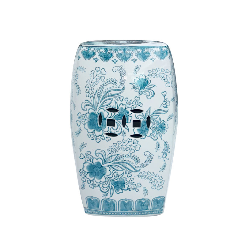 Floral patterned square ceramic stool, Blue