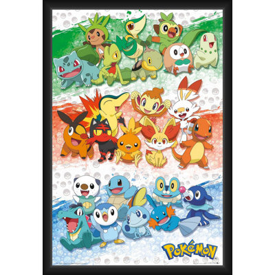BUY ART FOR LESS Officially Licensed Pokemon - First Partners - Framed Art Poster - 24 x 36 Inch - Sturdy Engineered Wood Frame with Plexi Glass - Ready to Hang