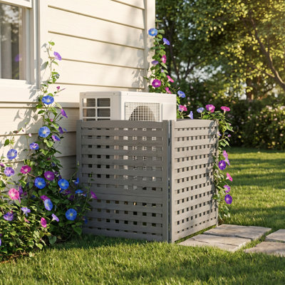 3-Panel Outdoor Air Conditioner Fence, Slatted Solid Wood Privacy Screen for Trash Cans & Pool Equipment, 32" W x 38" H Per Panel, Dark Gray
