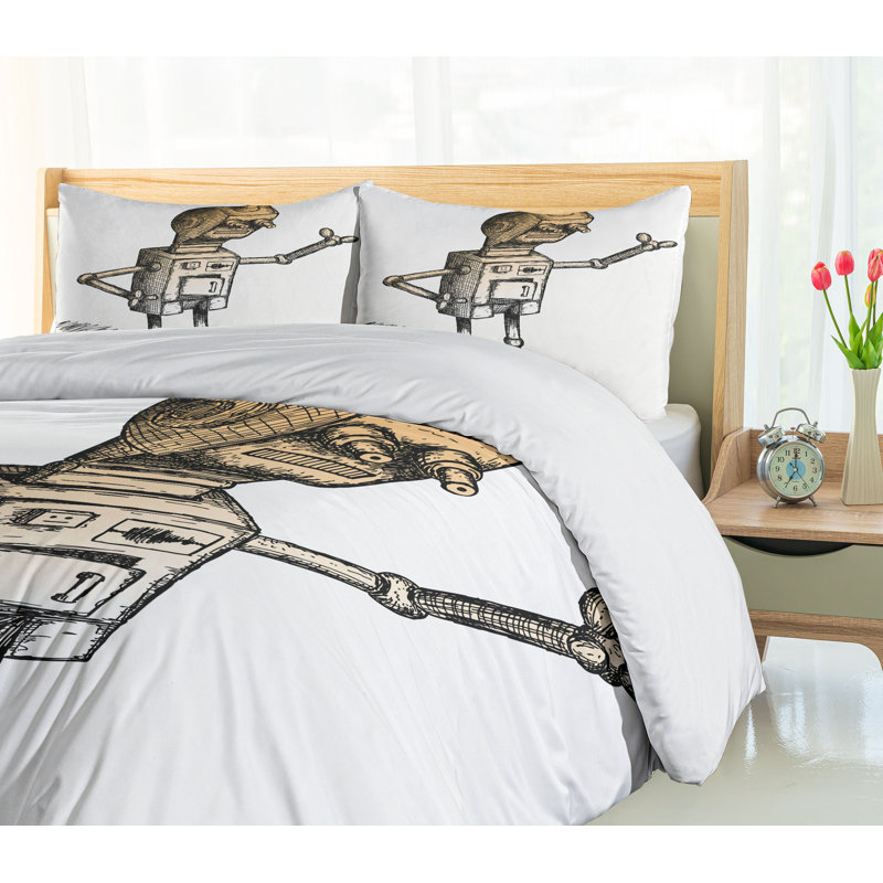 Queen Size Black and White Robot Sketch Duvet Cover Set